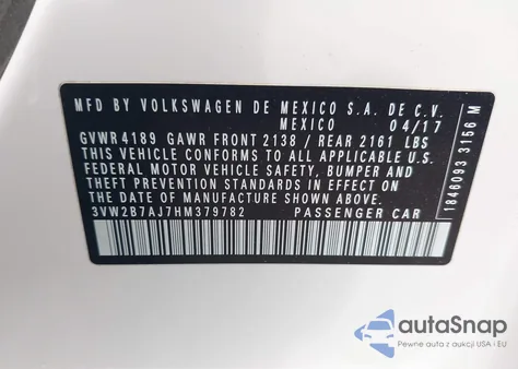 2017 Volkswagen Jetta 1.4T S из США, поврежденный, VIN 3VW2B7AJ7HM379782